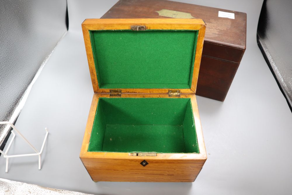 A 19th century brass inlaid mahogany stationery with Bramah lock, together with a satinwood box, longest 35.cm